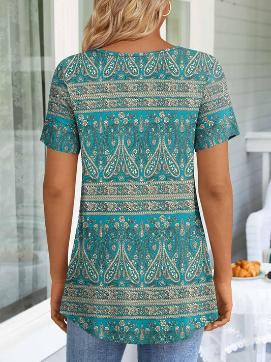 JuneFish Women's Summer Pleated Short Sleeve Tunic Tops Flare Blouse