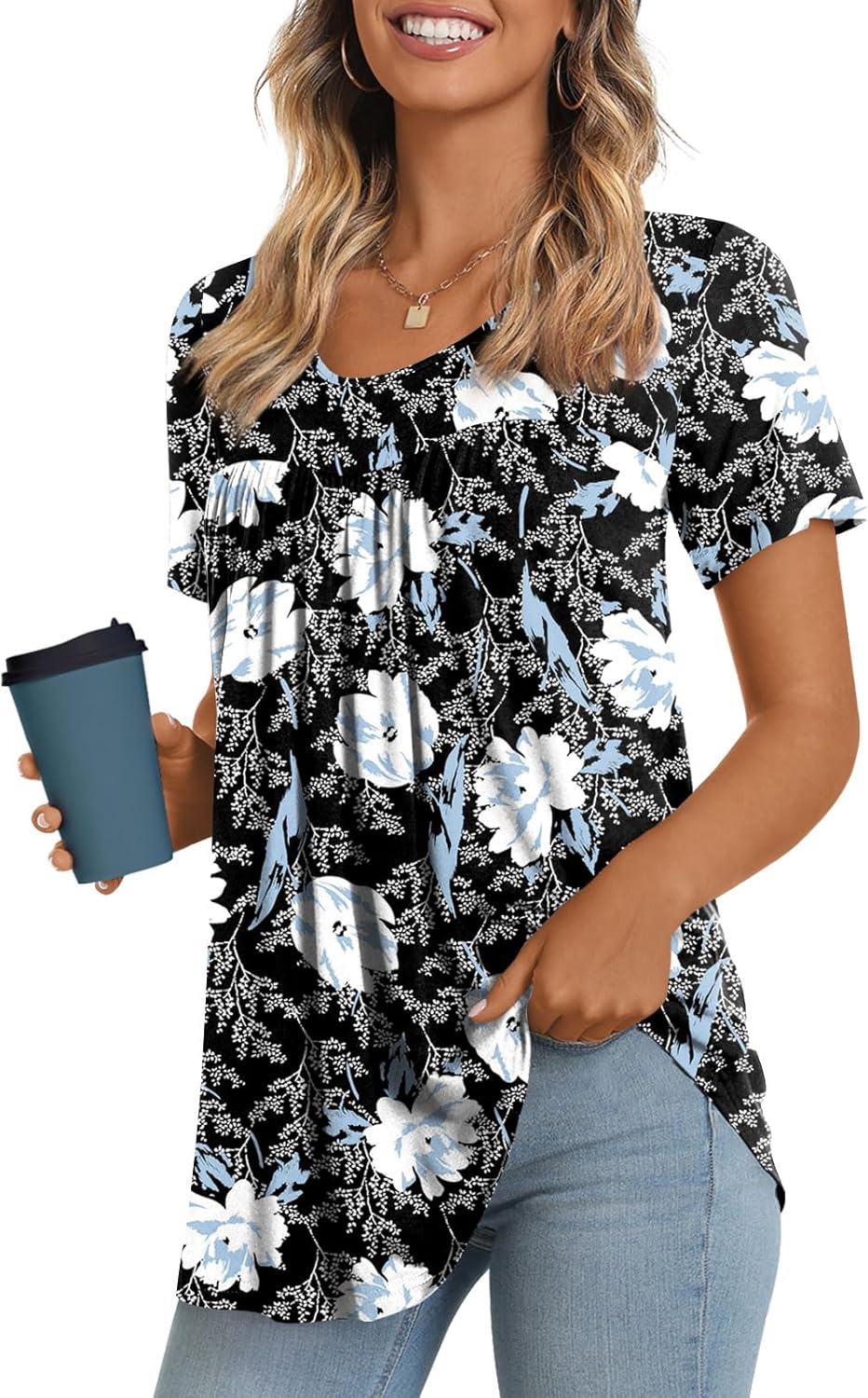 JuneFish Women's Summer Pleated Short Sleeve Tunic Tops Flare Blouse