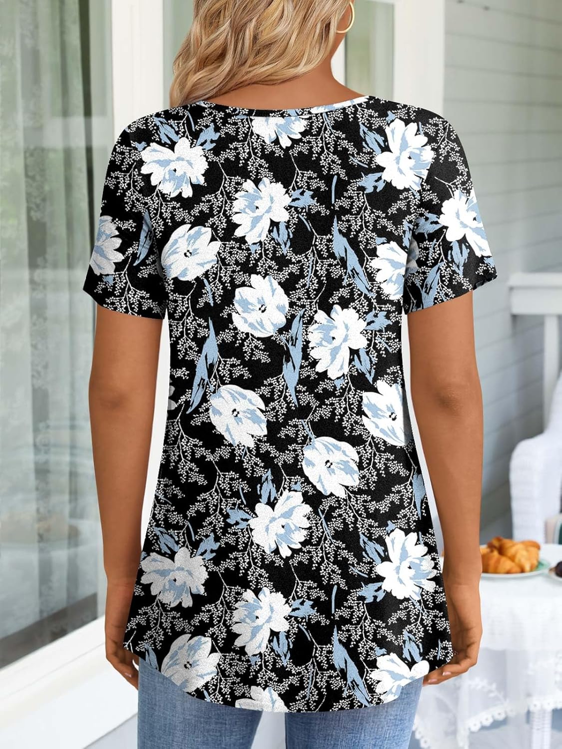 JuneFish Women's Summer Pleated Short Sleeve Tunic Tops Flare Blouse