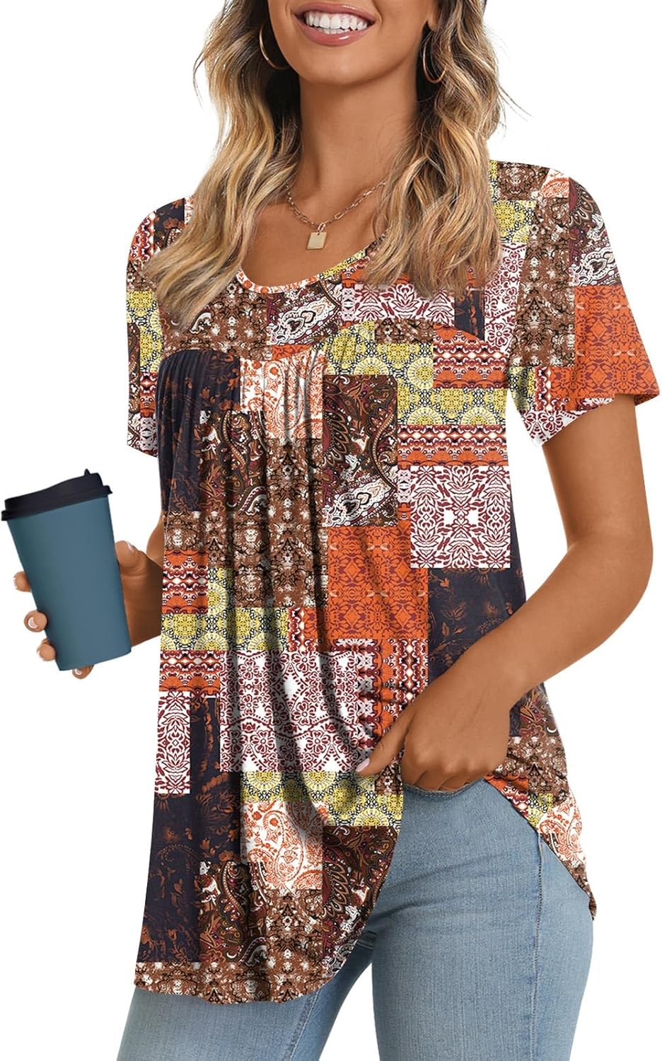 JuneFish Women's Summer Pleated Short Sleeve Tunic Tops Flare Blouse