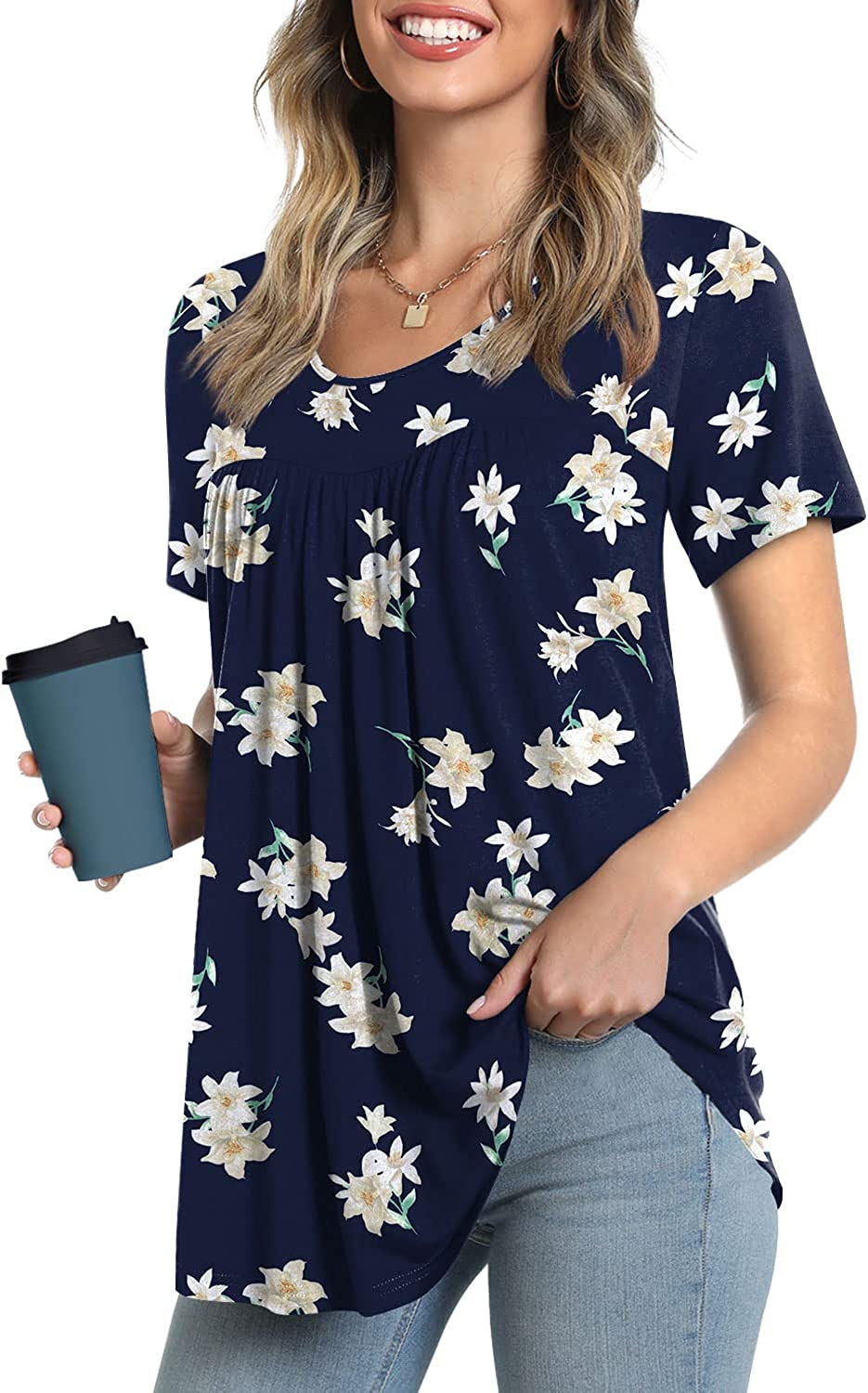 Women's Summer Pleated Tops Casual Tee Hide Belly Shirts Blouse for Leggings
