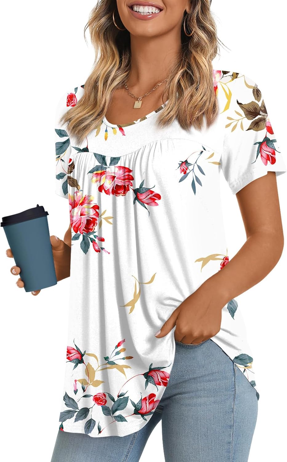 JuneFish Women's Summer Pleated Short Sleeve Tunic Tops Flare Blouse