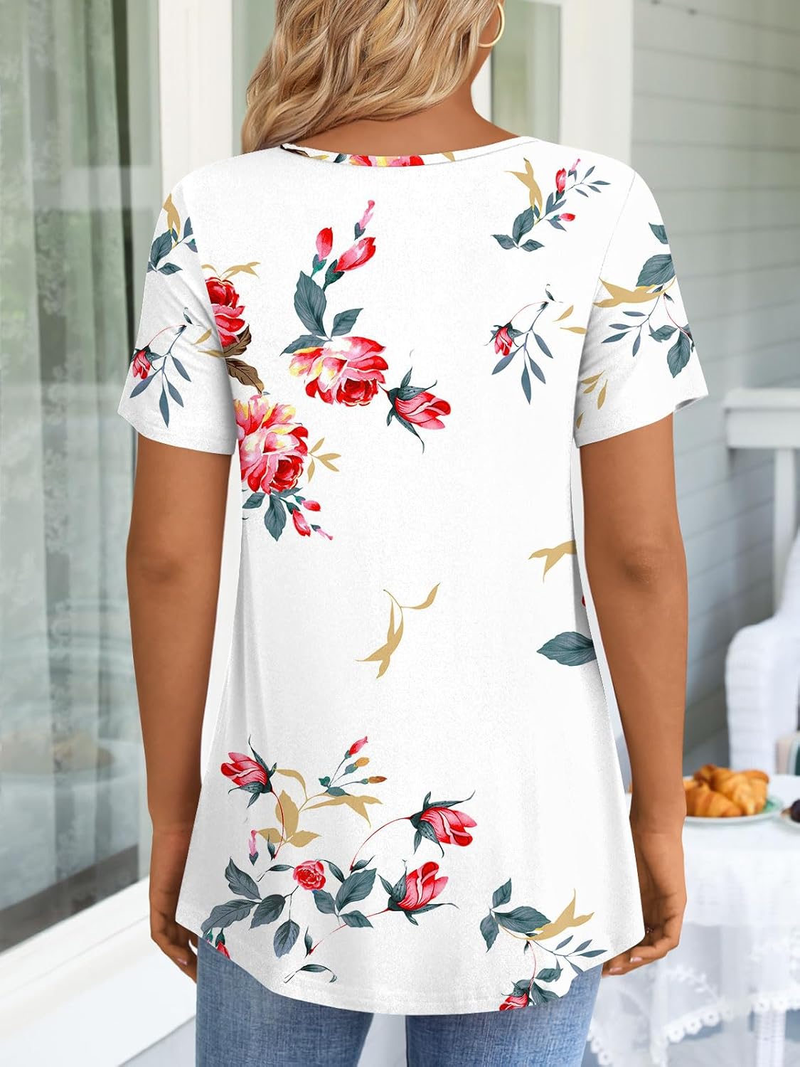 JuneFish Women's Summer Pleated Short Sleeve Tunic Tops Flare Blouse