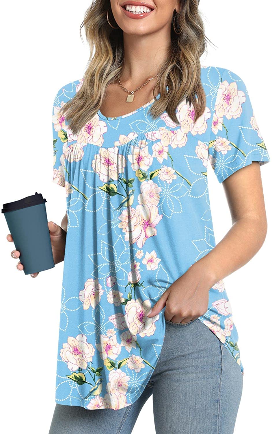 JuneFish Women's Summer Pleated Short Sleeve Tunic Tops Flare Blouse