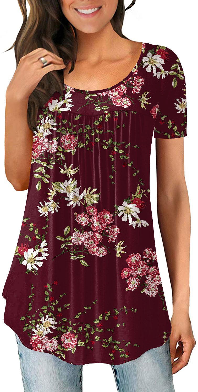 JuneFish Women's Summer Pleated Short Sleeve Tunic Tops Flare Blouse