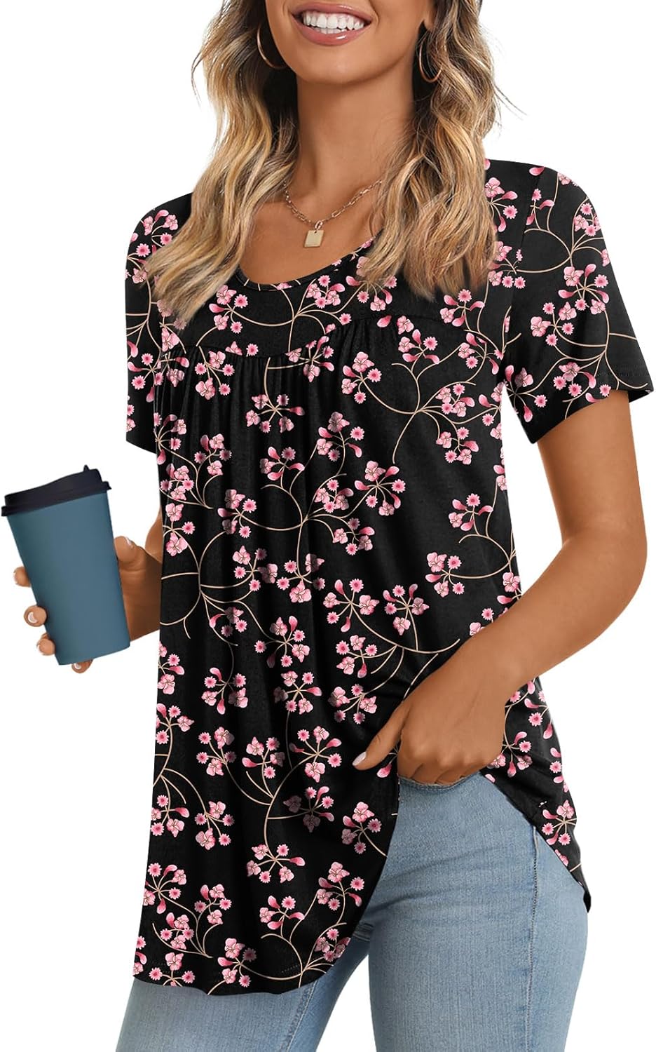 JuneFish Women's Summer Pleated Short Sleeve Tunic Tops Flare Blouse
