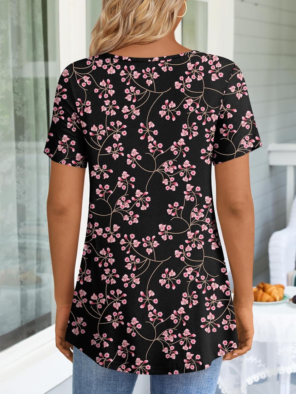 JuneFish Women's Summer Pleated Short Sleeve Tunic Tops Flare Blouse