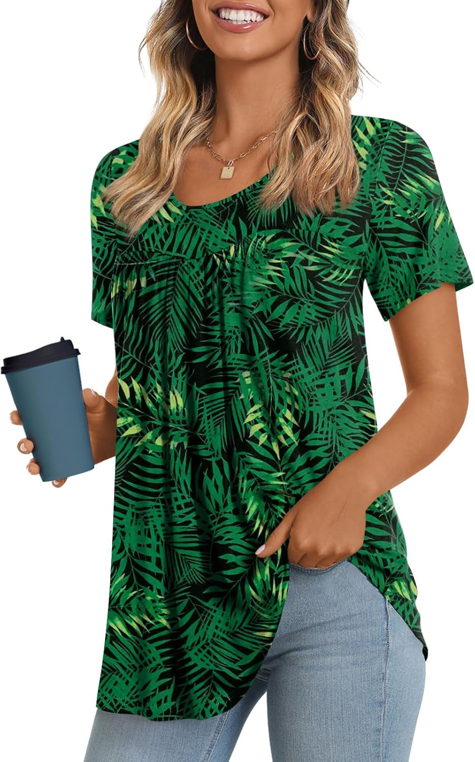 JuneFish Women's Summer Pleated Short Sleeve Tunic Tops Flare Blouse