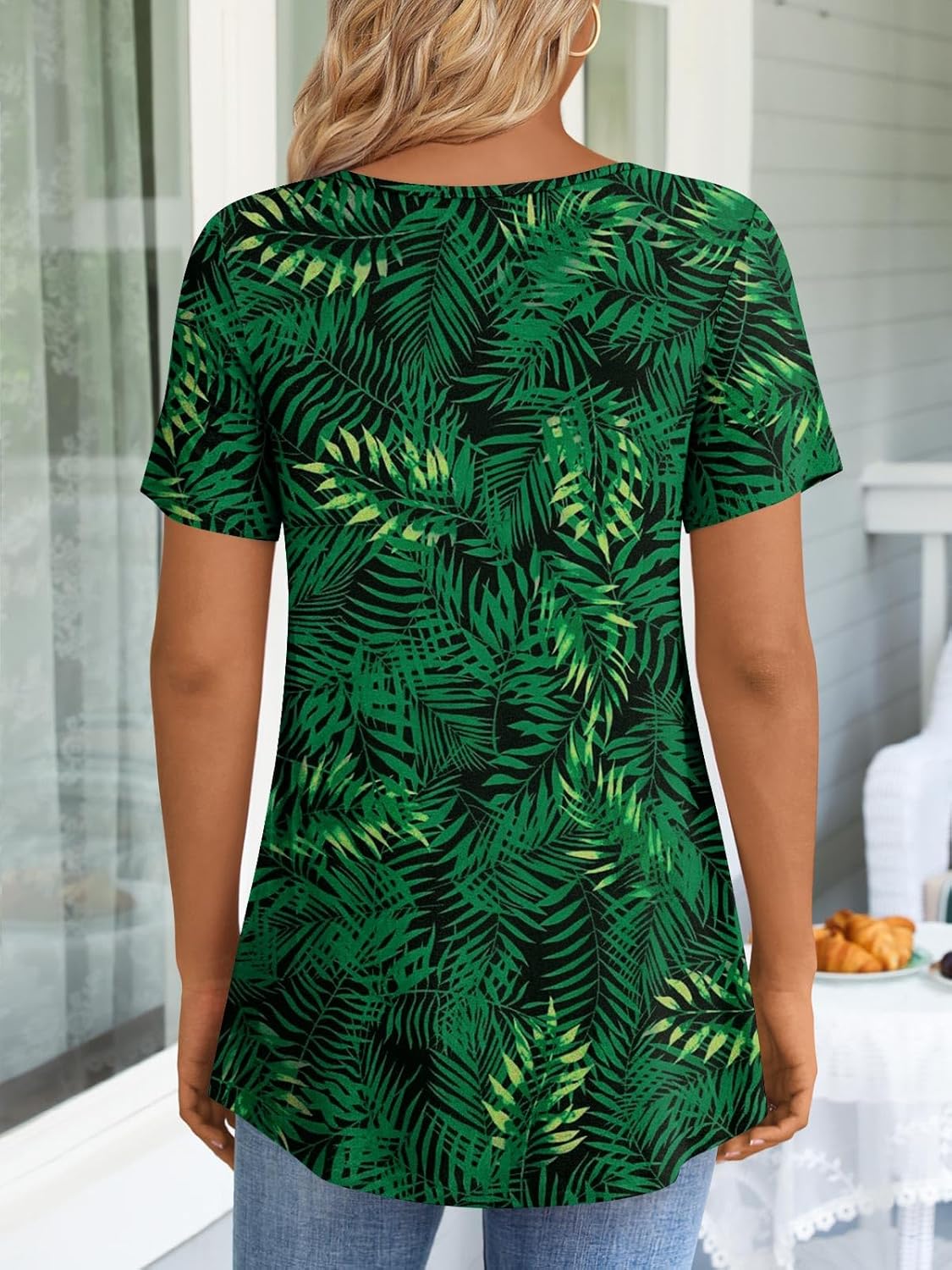 JuneFish Women's Summer Pleated Short Sleeve Tunic Tops Flare Blouse