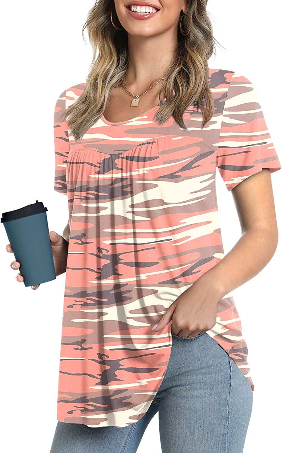 Women's Summer Pleated Tops Casual Tee Hide Belly Shirts Blouse for Leggings