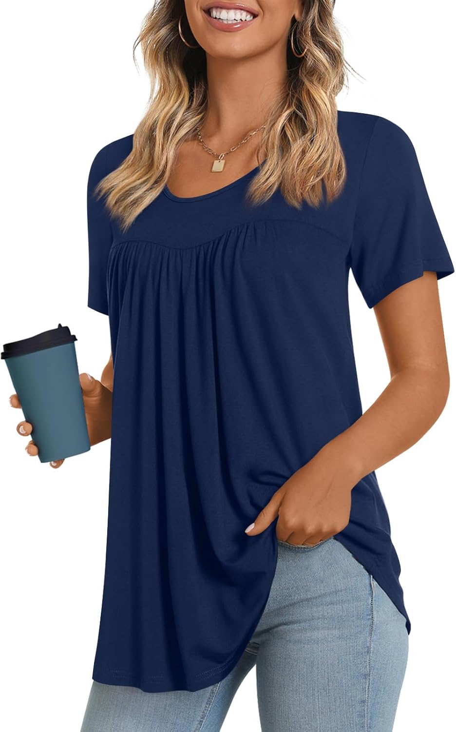 JuneFish Women's Summer Pleated Short Sleeve Tunic Tops Flare Blouse