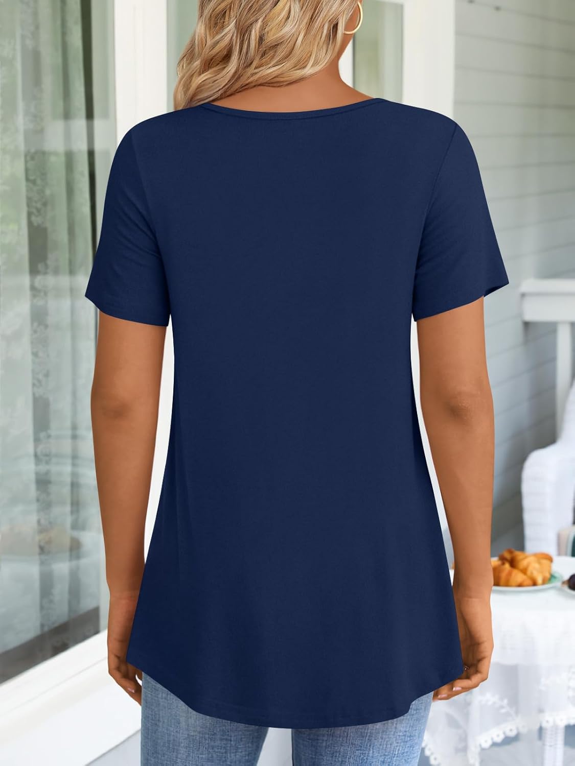 JuneFish Women's Summer Pleated Short Sleeve Tunic Tops Flare Blouse