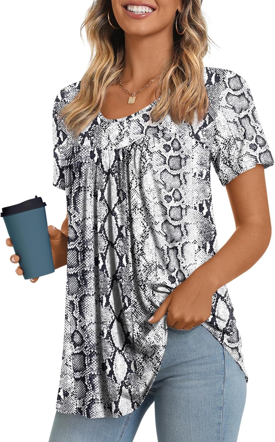 JuneFish Women's Summer Pleated Short Sleeve Tunic Tops Flare Blouse