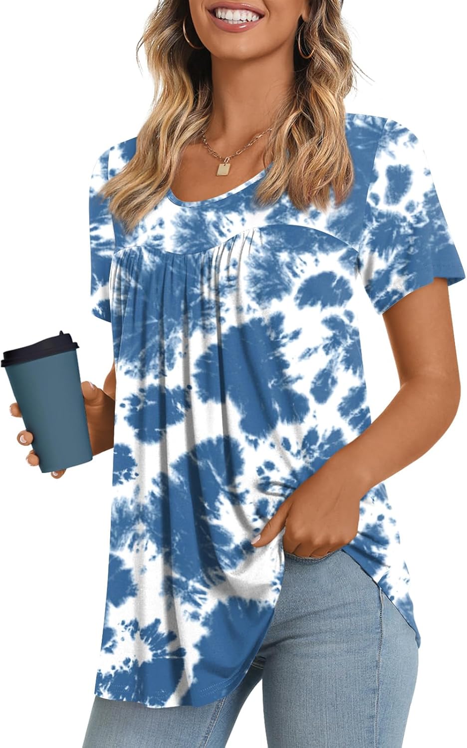 JuneFish Women's Summer Pleated Short Sleeve Tunic Tops Flare Blouse