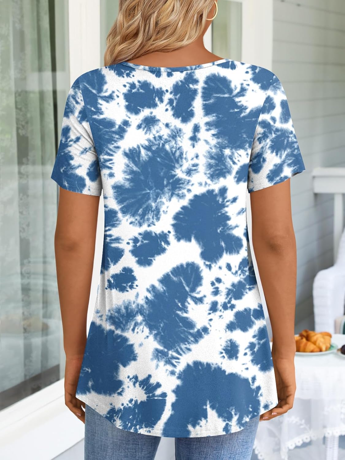 JuneFish Women's Summer Pleated Short Sleeve Tunic Tops Flare Blouse