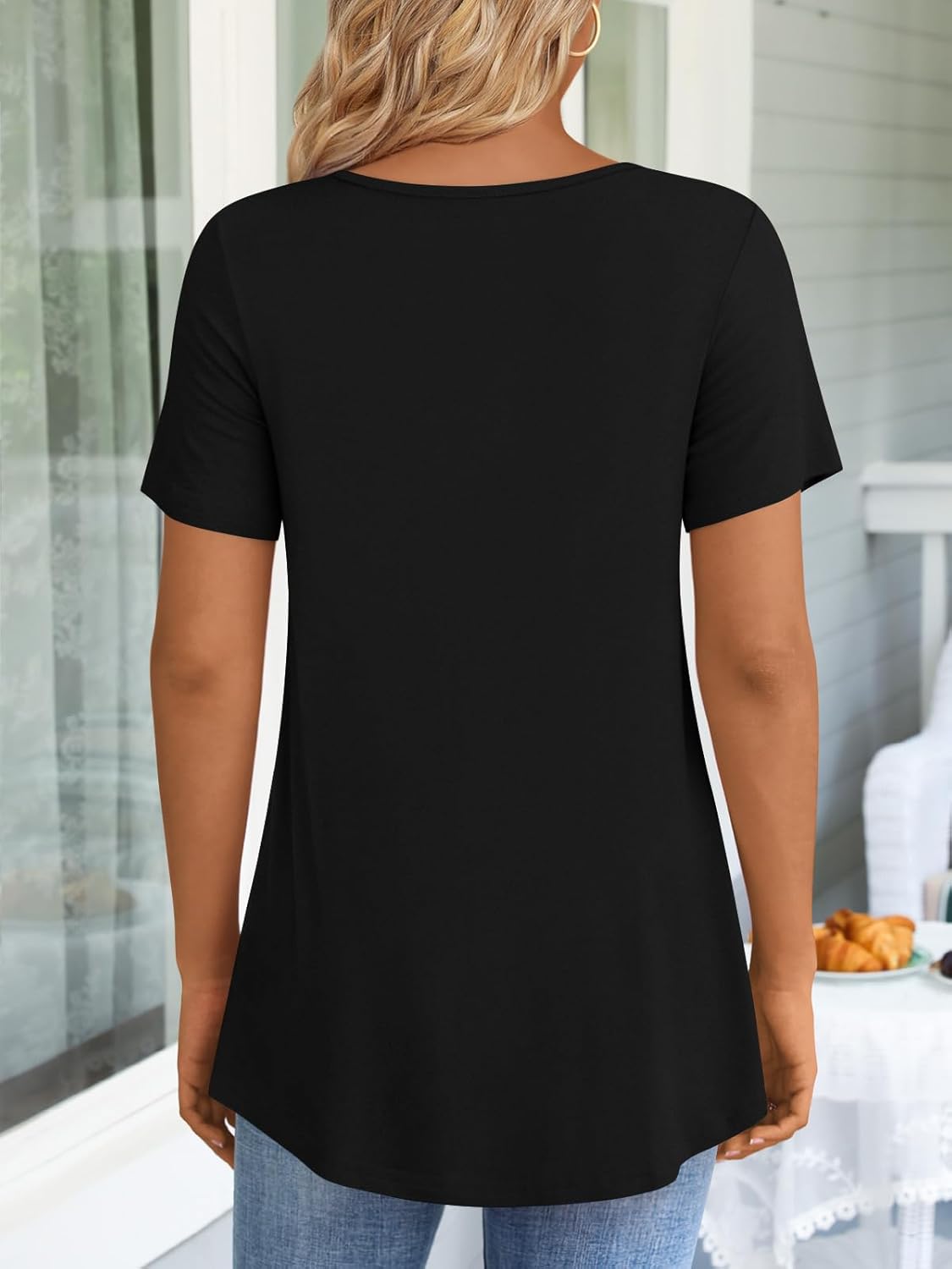 JuneFish Women's Summer Pleated Short Sleeve Tunic Tops Flare Blouse