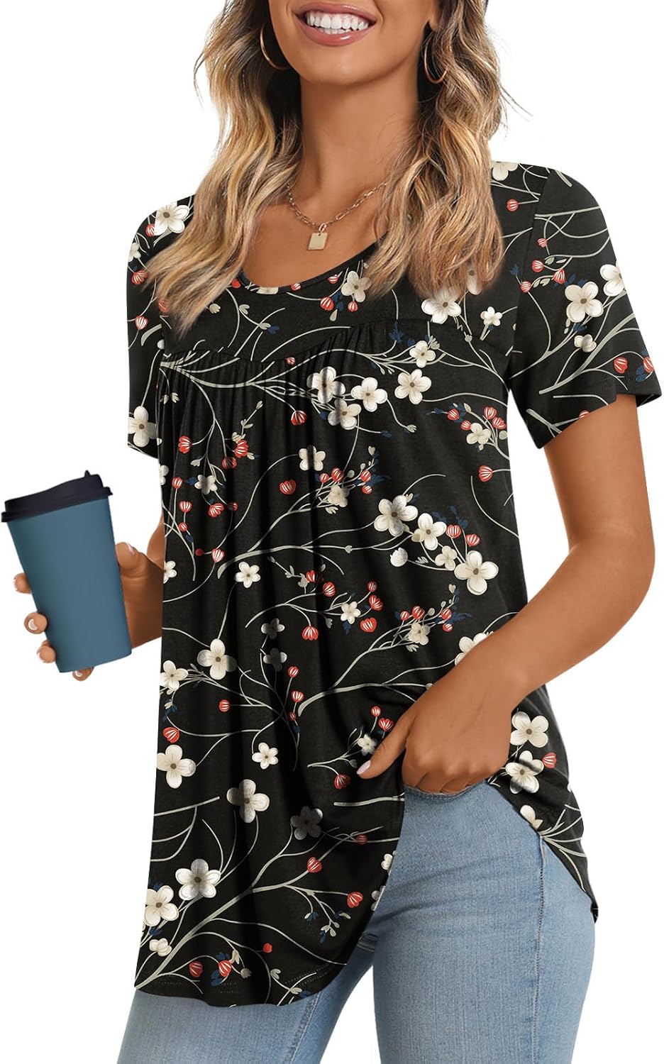 JuneFish Women's Summer Pleated Short Sleeve Tunic Tops Flare Blouse