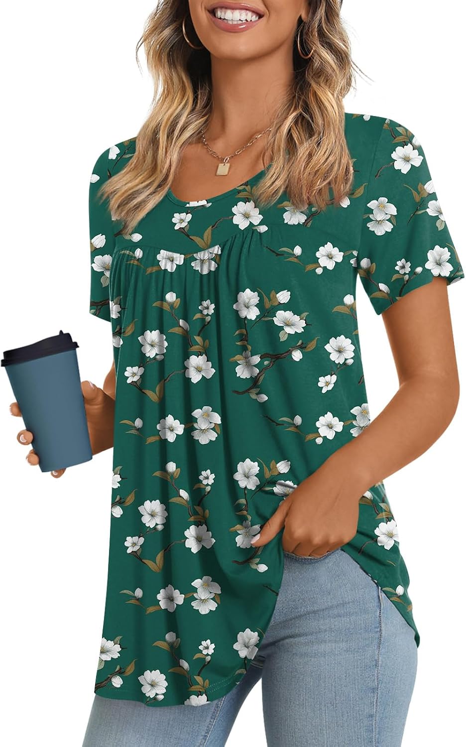 JuneFish Women's Summer Pleated Short Sleeve Tunic Tops Flare Blouse