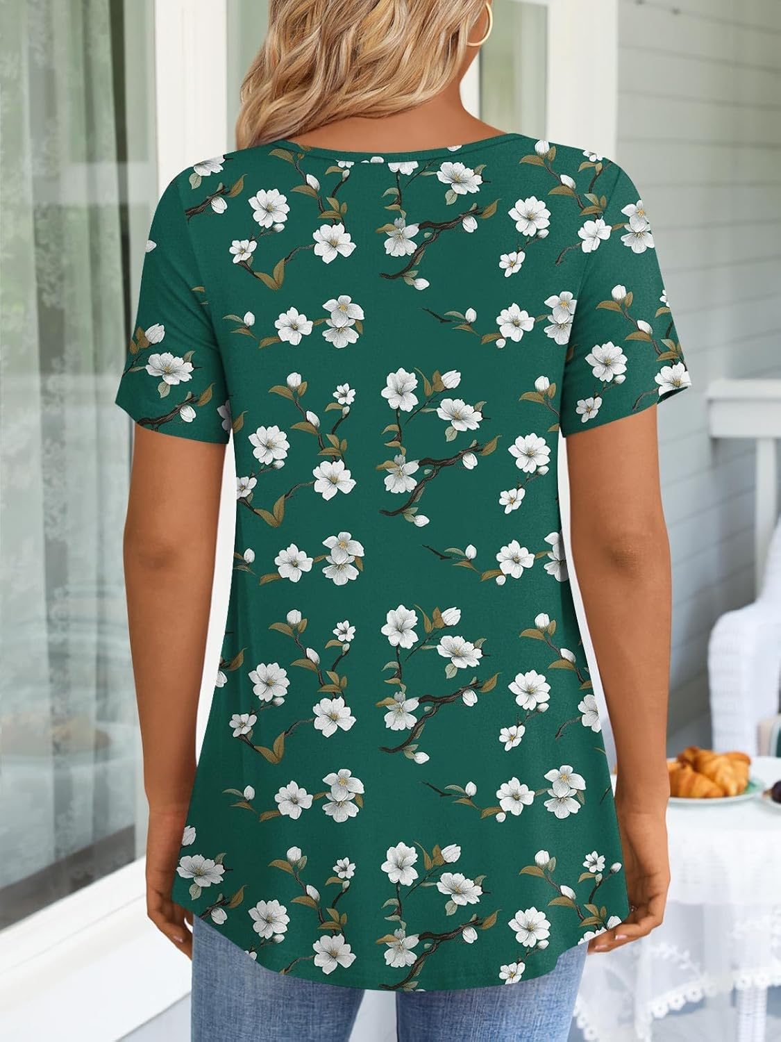 JuneFish Women's Summer Pleated Short Sleeve Tunic Tops Flare Blouse