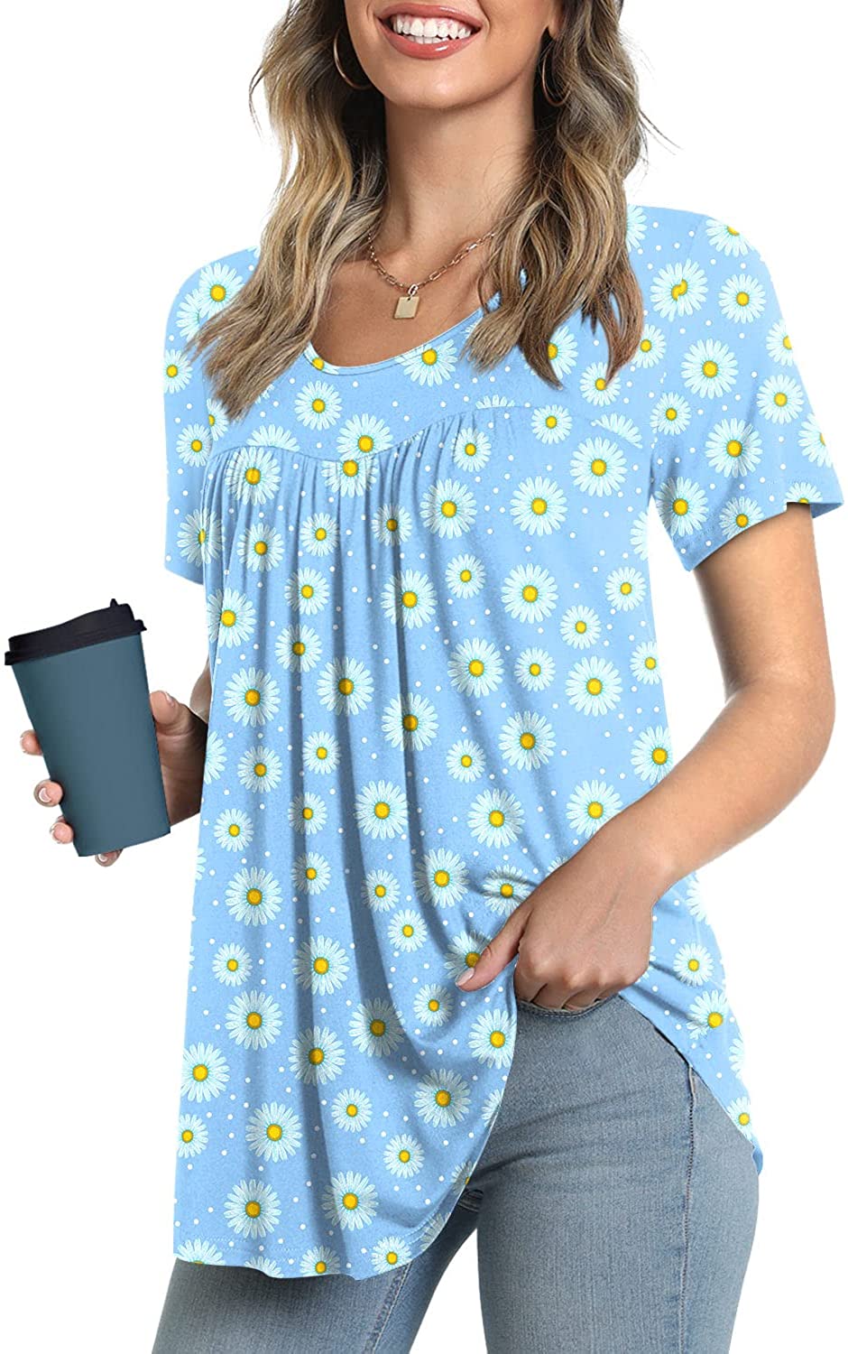 JuneFish Women's Summer Pleated Short Sleeve Tunic Tops Flare Blouse