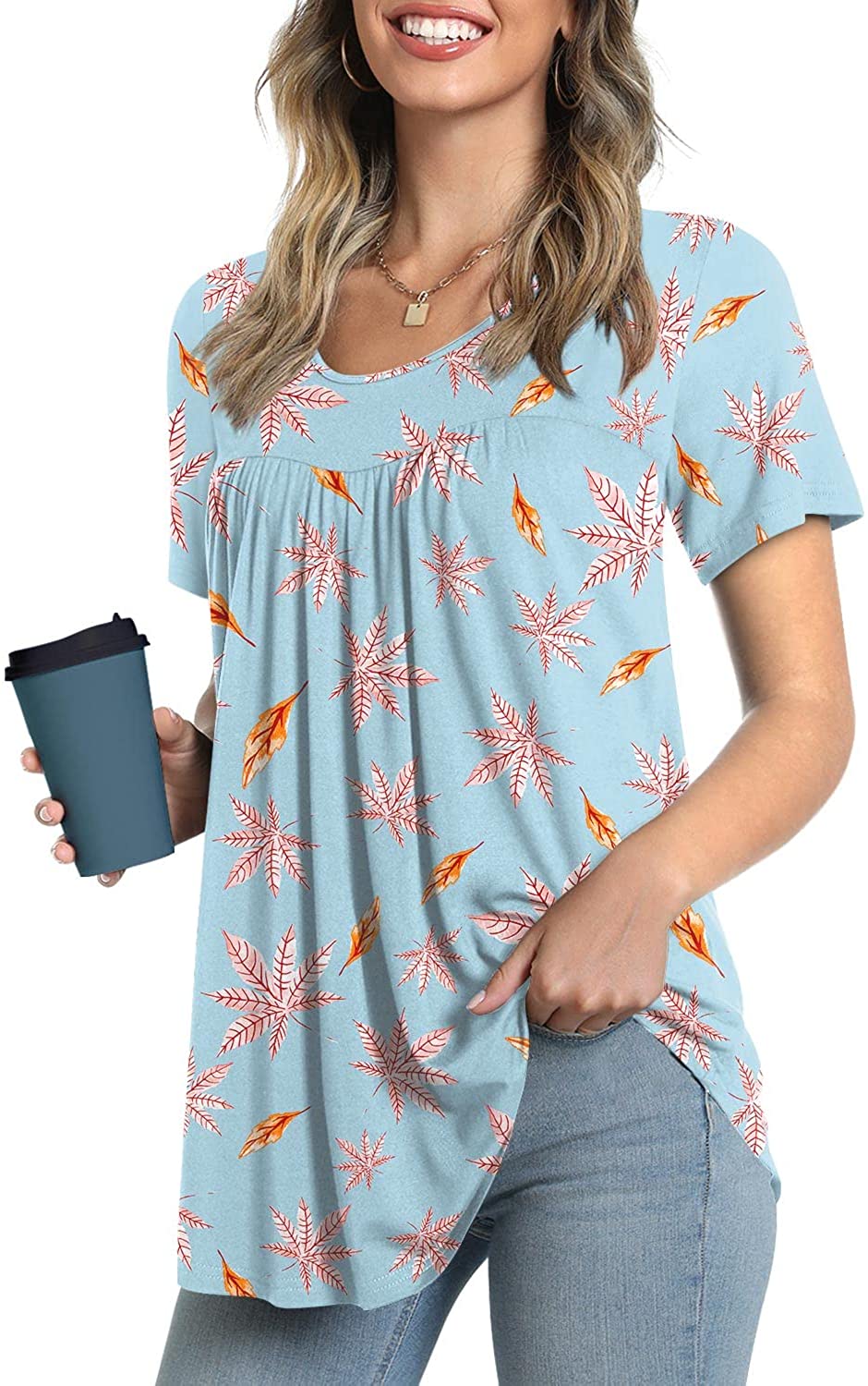 JuneFish Women's Summer Pleated Short Sleeve Tunic Tops Flare Blouse