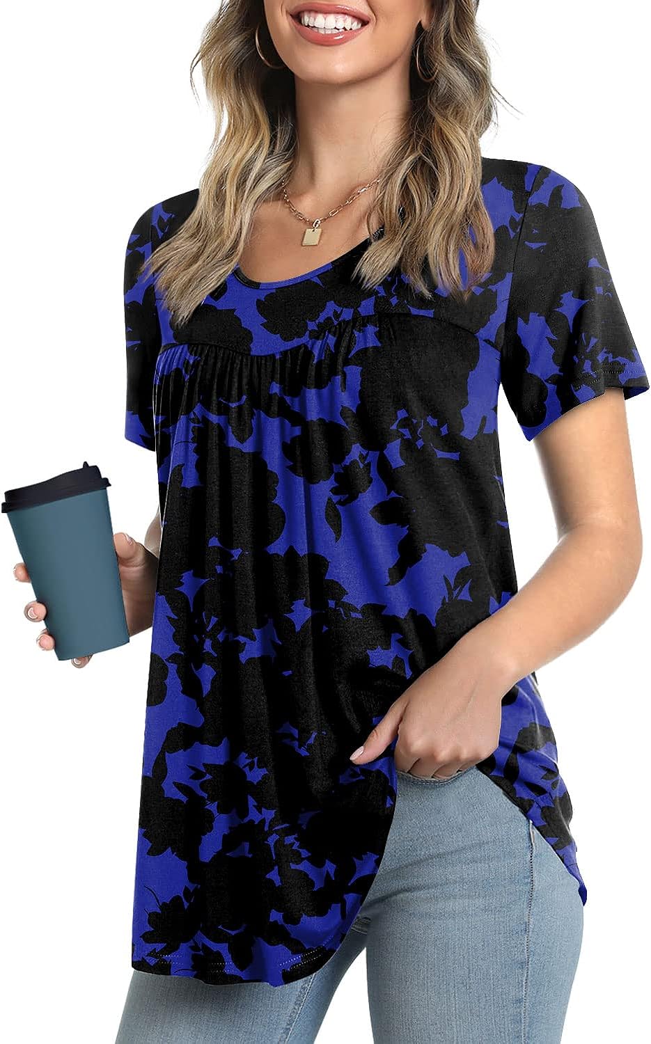 JuneFish Women's Summer Pleated Short Sleeve Tunic Tops Flare Blouse