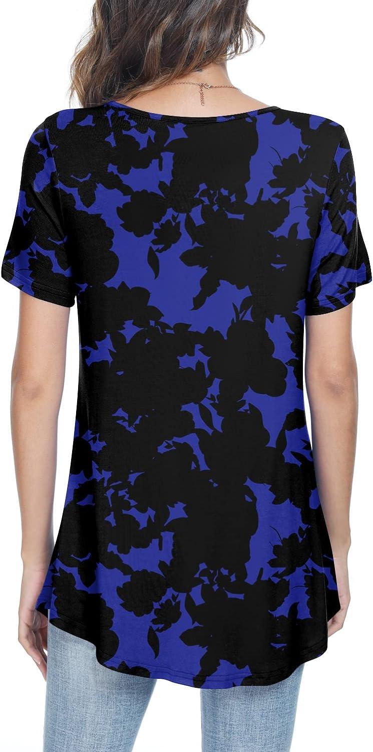JuneFish Women's Summer Pleated Short Sleeve Tunic Tops Flare Blouse