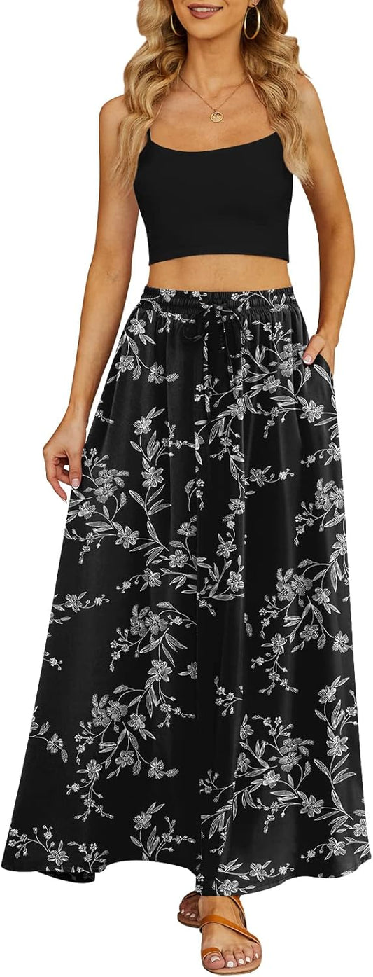 Women's Flowy Maxi Skirt Summer Beach Pleated High Waisted Casual Long Skirts with Pockets