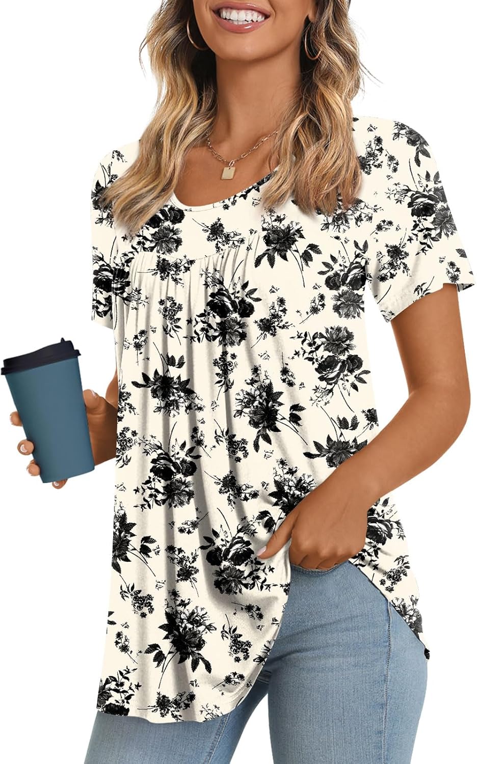 JuneFish Women's Summer Pleated Short Sleeve Tunic Tops Flare Blouse
