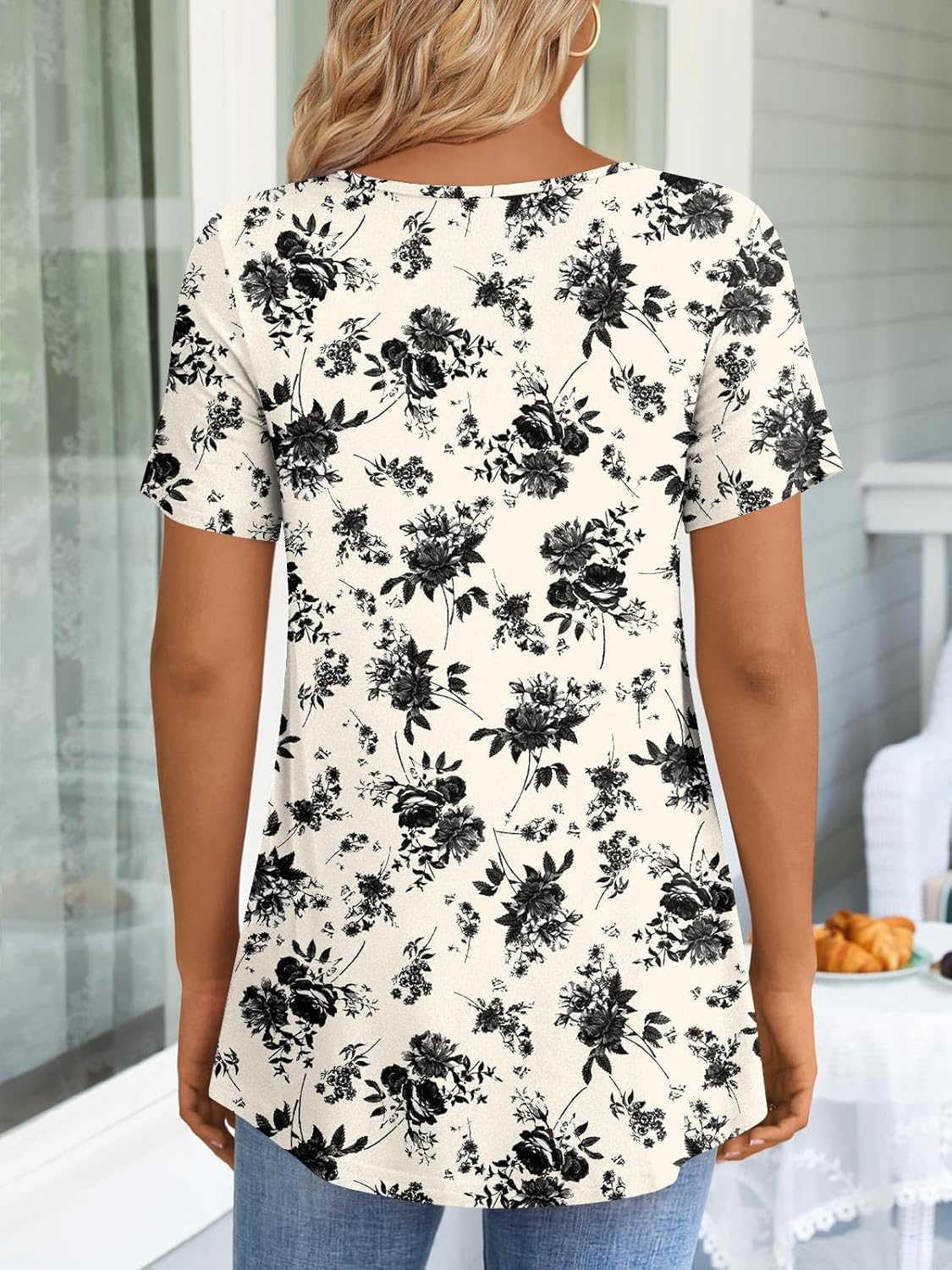 JuneFish Women's Summer Pleated Short Sleeve Tunic Tops Flare Blouse