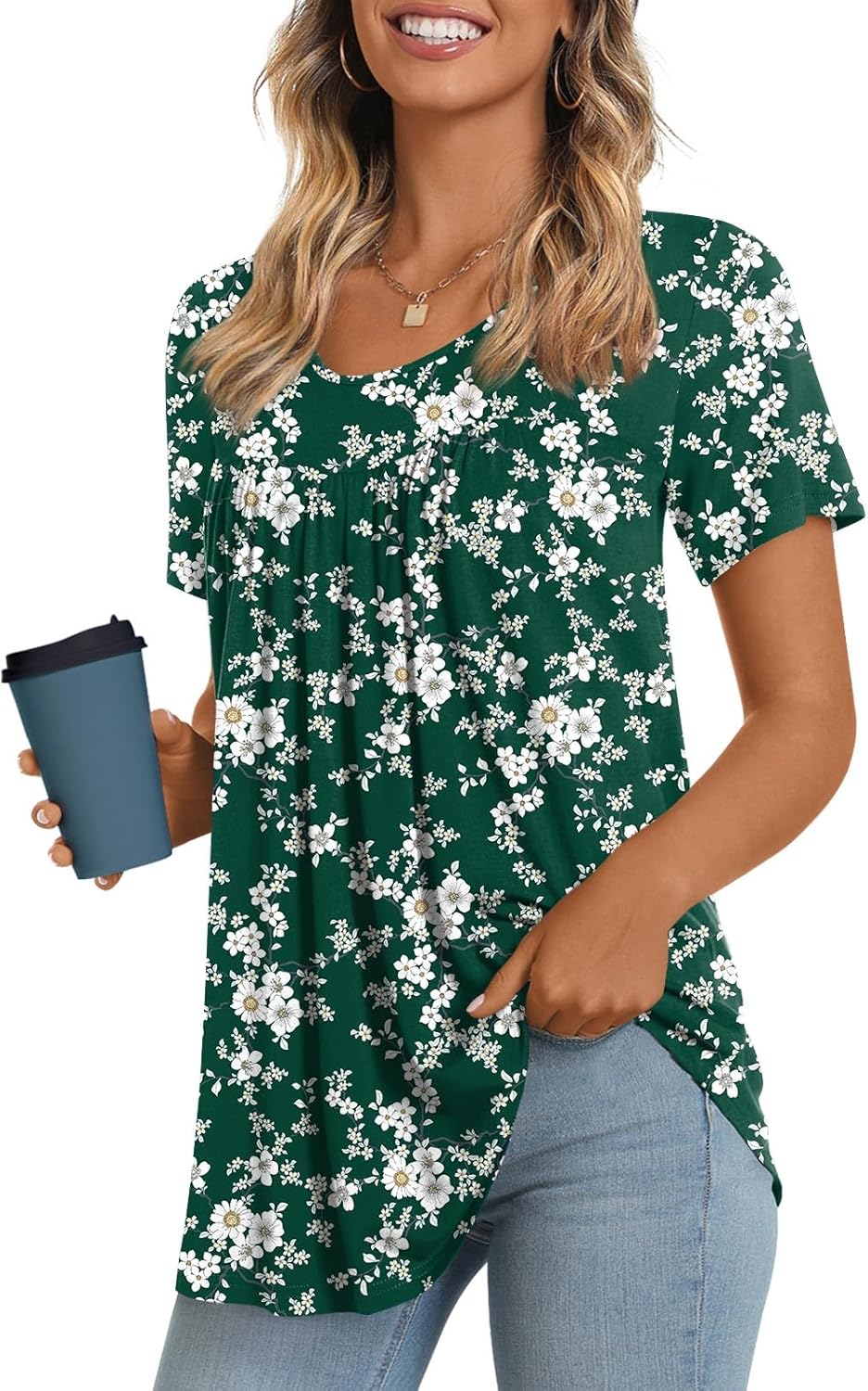 JuneFish Women's Summer Pleated Short Sleeve Tunic Tops Flare Blouse