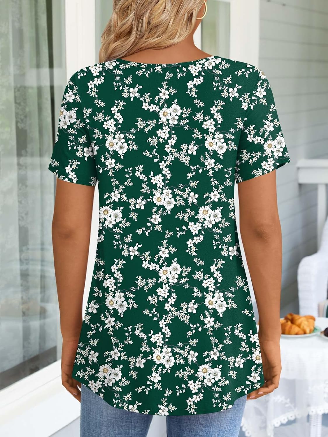 JuneFish Women's Summer Pleated Short Sleeve Tunic Tops Flare Blouse
