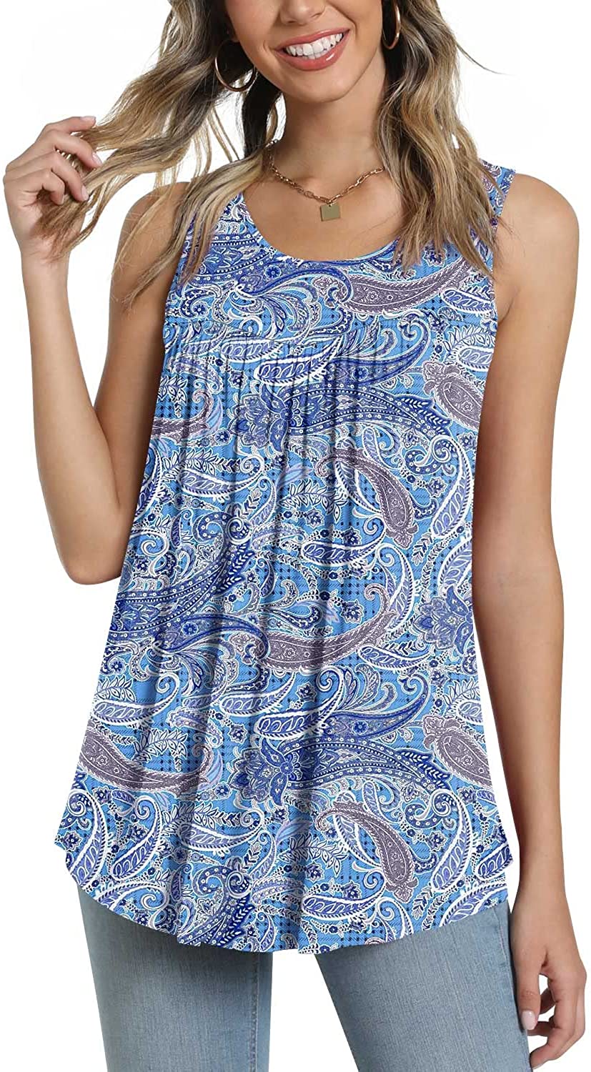 JuneFish Women's Sleeveless Pleated Front TShirt Scoop Neck Tank Pullover Cashew Cyan Blue Blouses