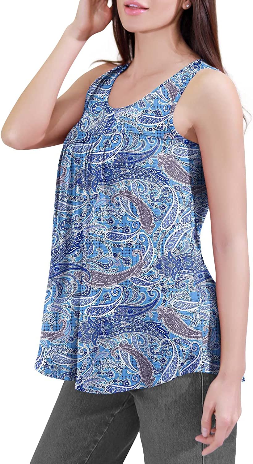 JuneFish Women's Sleeveless Pleated Front TShirt Scoop Neck Tank Pullover Cashew Cyan Blue Blouses