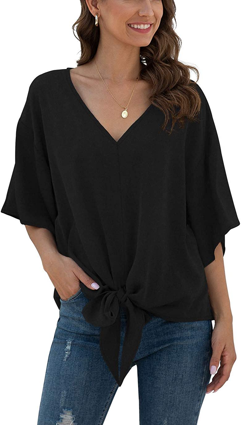 JuneFish Women's Floral Tie Front Chiffon Blouses V Neck Batwing Short Sleeve Summer Tops Shirts