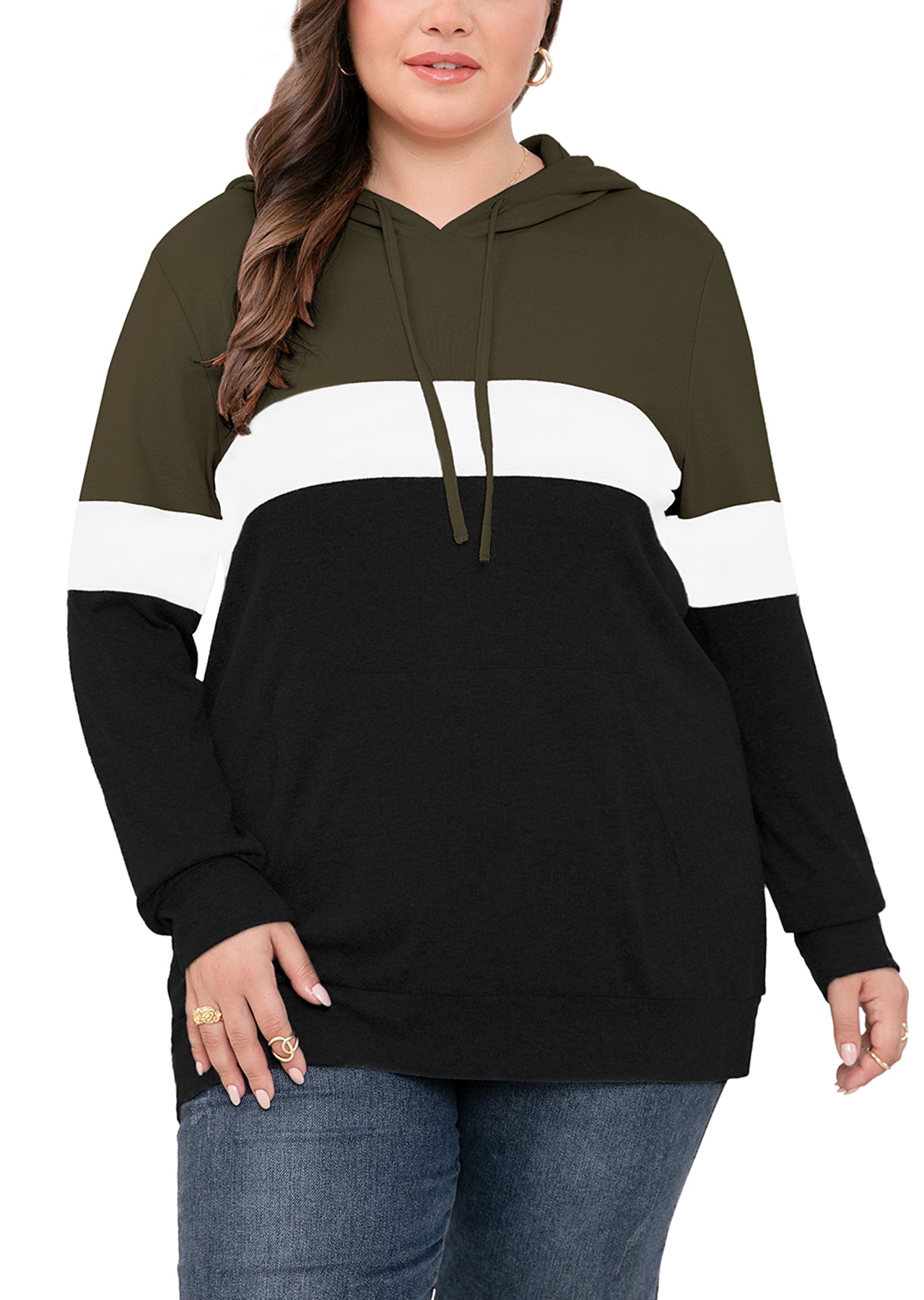 JuneFish Women's Plus Size Long Sleeve Sweatshirts Color Block Hoodies Pullover with Pocket