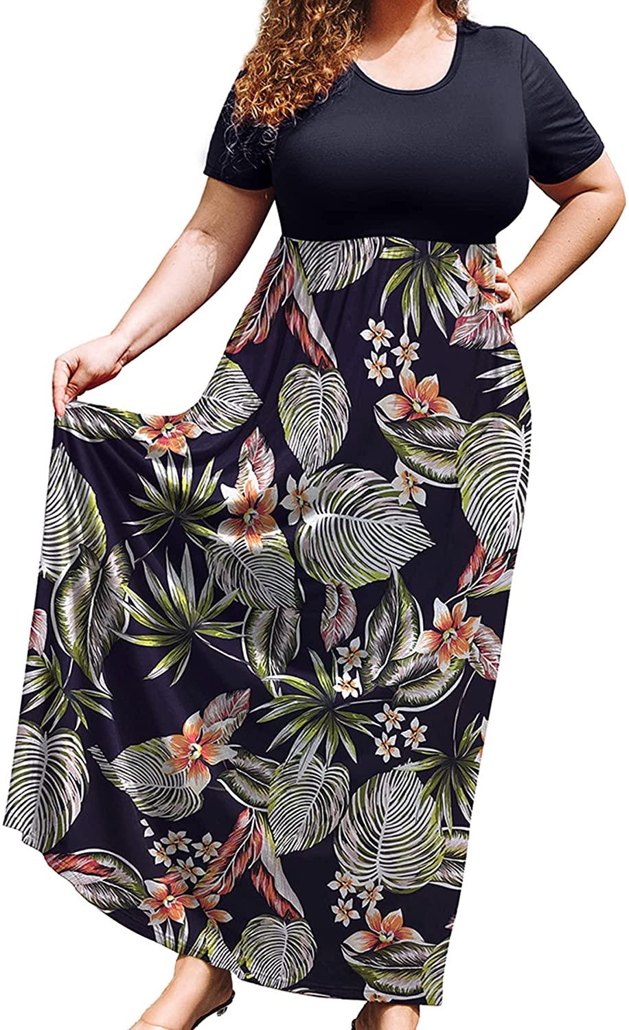 JuneFish Women Plus Size Petite Maxi Dress Short Sleeve Casual Beach Bohemian Long Dresses with Pockets