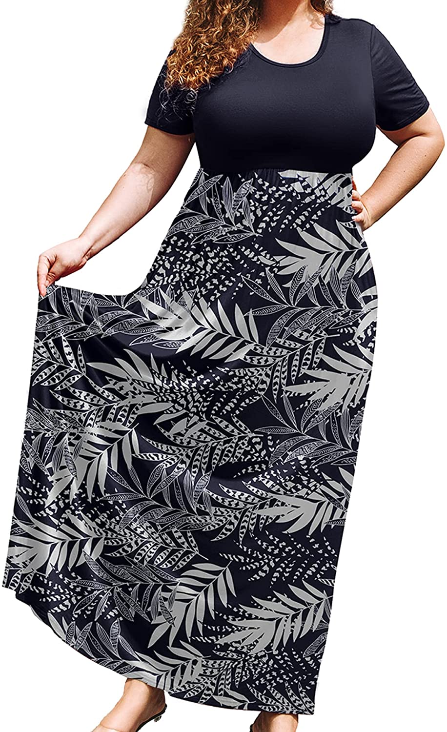 JuneFish Women Plus Size Petite Maxi Dress Short Sleeve Casual Beach Bohemian Long Dresses with Pockets