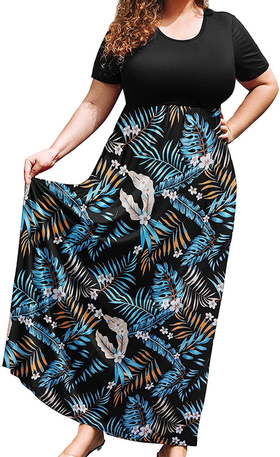JuneFish Women Plus Size Petite Maxi Dress Short Sleeve Casual Beach Bohemian Long Dresses with Pockets