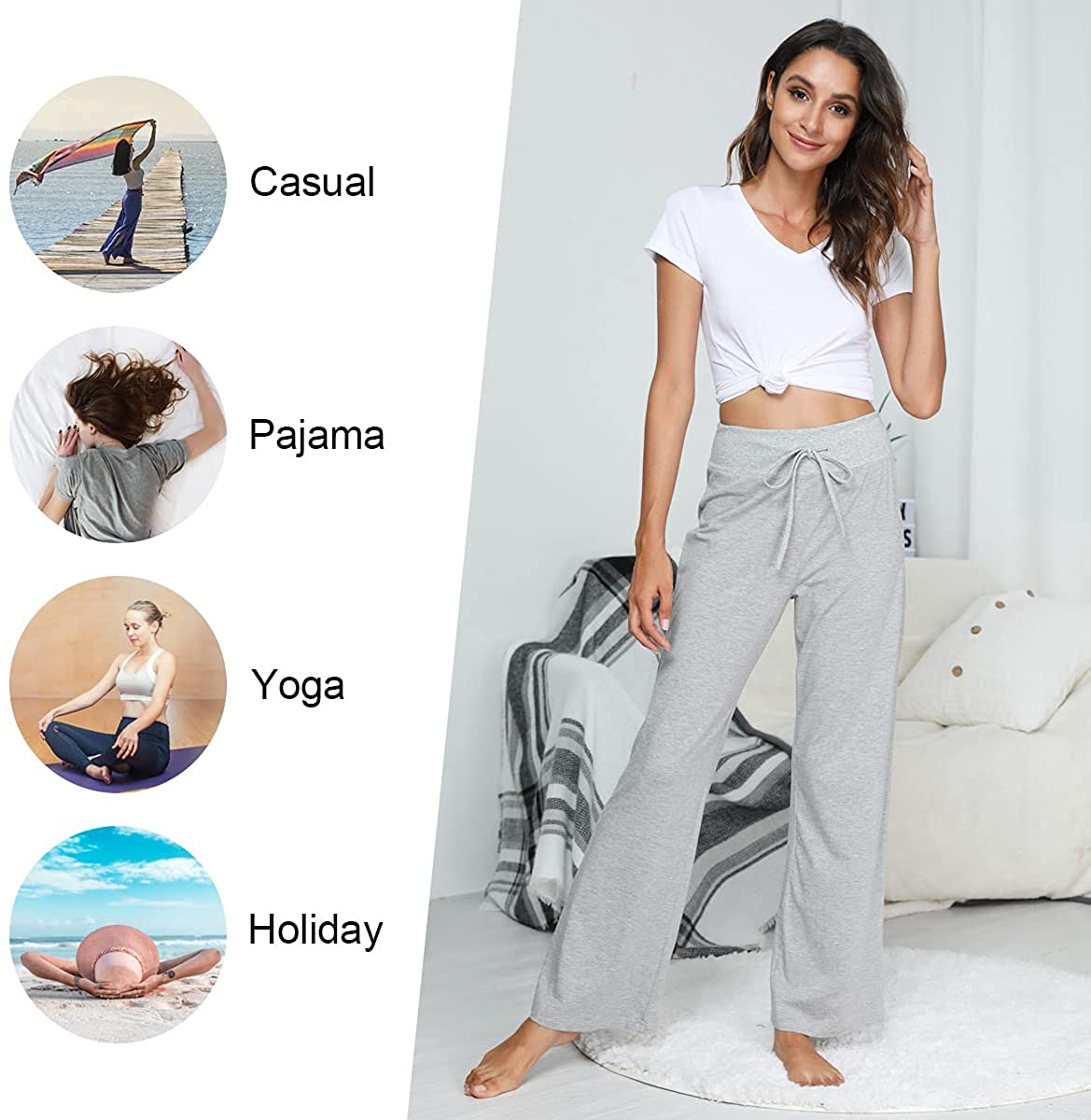 JuneFish Women Wide Leg Pants Casual Stretch Yoga Pant Palazzo Lounge