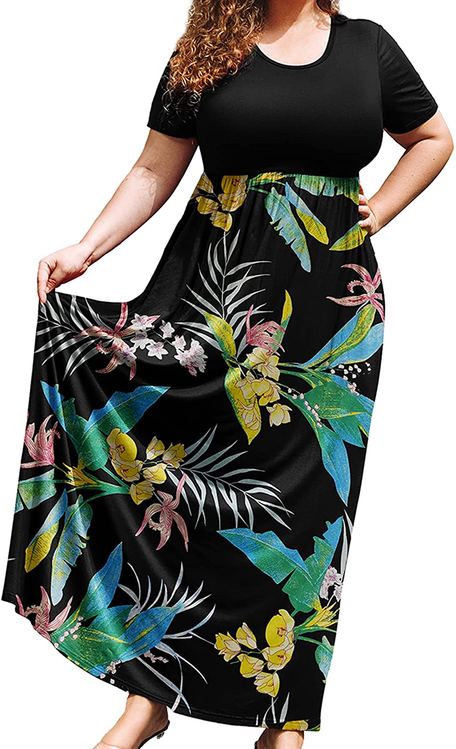 JuneFish Women Plus Size Petite Maxi Dress Short Sleeve Casual Beach Bohemian Long Dresses with Pockets