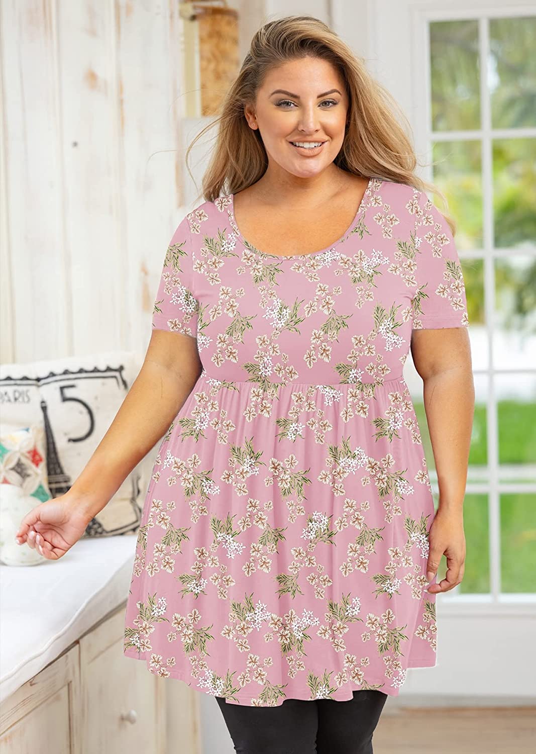 JuneFish Women's Plus Size Tunic Short Sleeve Top Trendy Style Flowy Loose T-Shirt