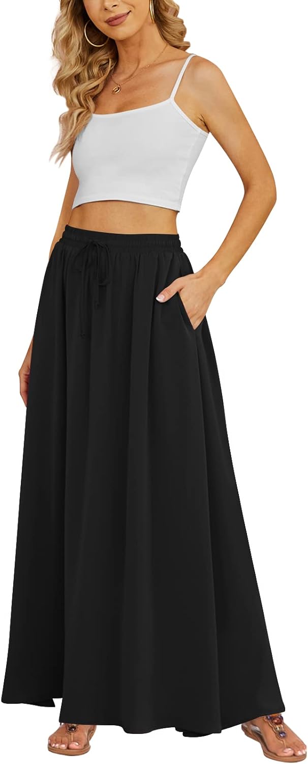 Women's Flowy Maxi Skirt Summer Beach Pleated High Waisted Casual Long Skirts with Pockets