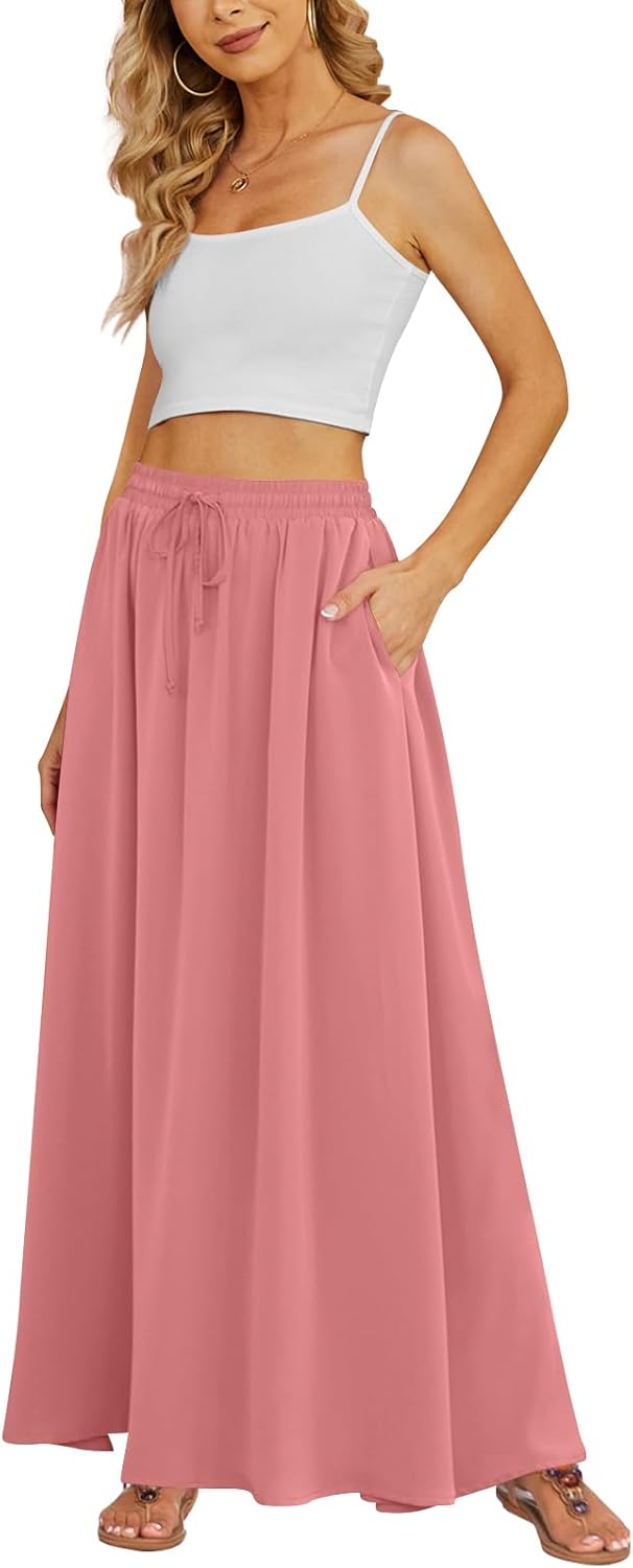 Women's Flowy Maxi Skirt Summer Beach Pleated High Waisted Casual Long Skirts with Pockets