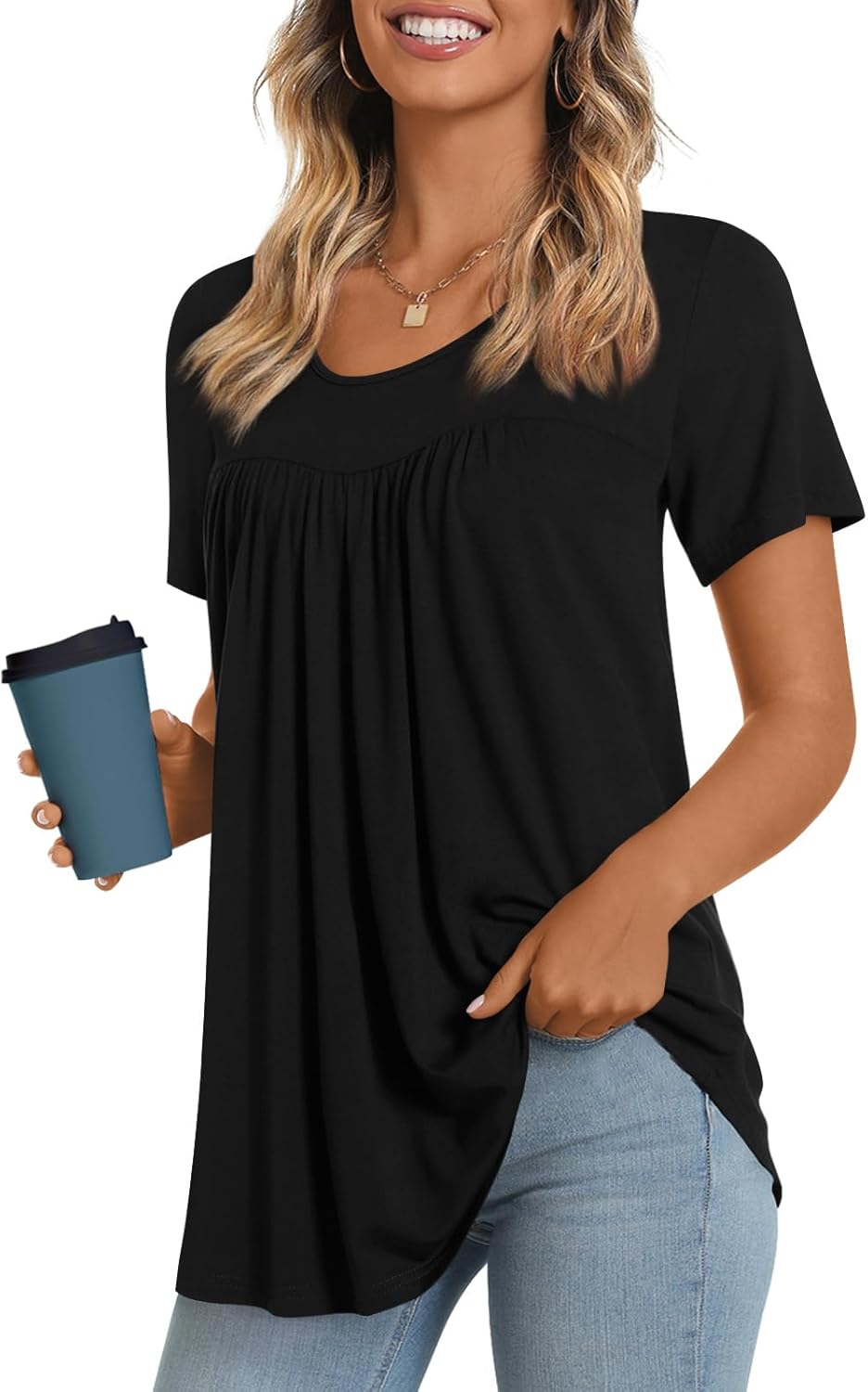 JuneFish Women's Summer Pleated Short Sleeve Tunic Tops Flare Blouse