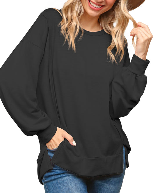 Women Crewneck Sweatshirts Long Sleeve Tops Casual Loose Slit Pullover Fall Tops