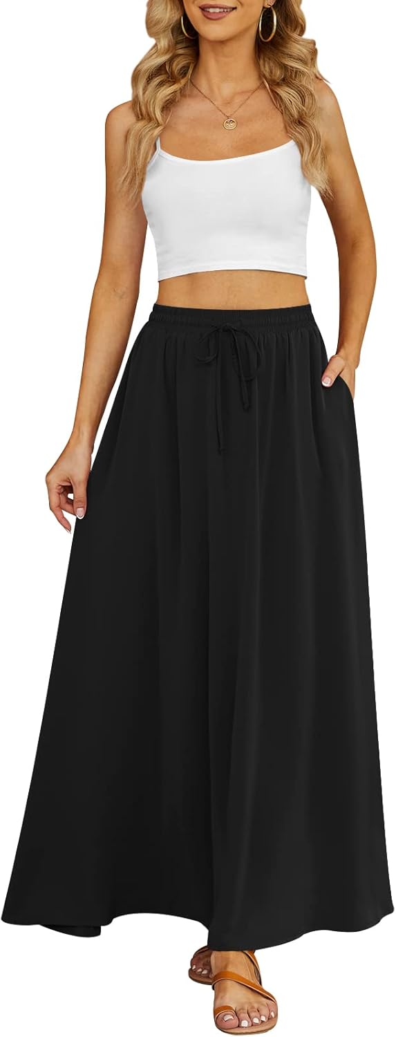 Women's Flowy Maxi Skirt Summer Beach Pleated High Waisted Casual Long Skirts with Pockets