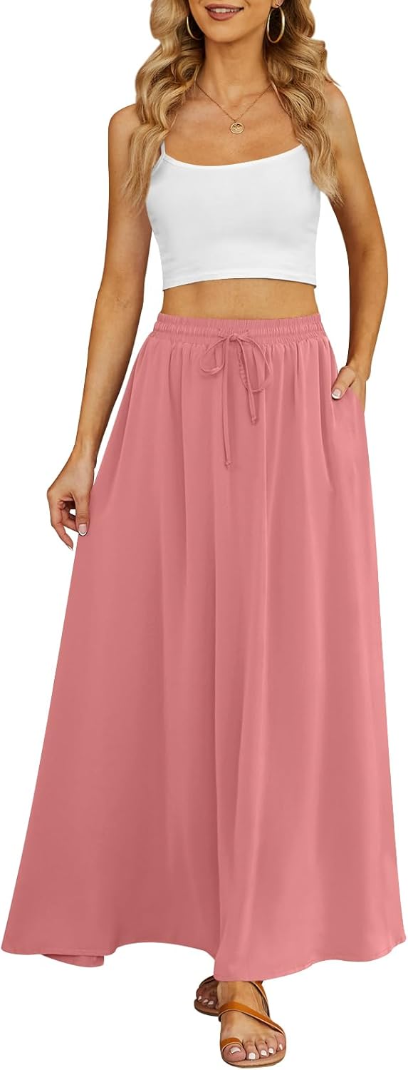 Women's Flowy Maxi Skirt Summer Beach Pleated High Waisted Casual Long Skirts with Pockets