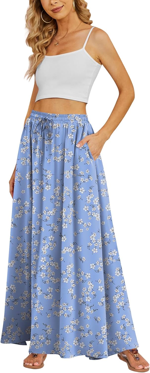 Women's Flowy Maxi Skirt Summer Beach Pleated High Waisted Casual Long Skirts with Pockets