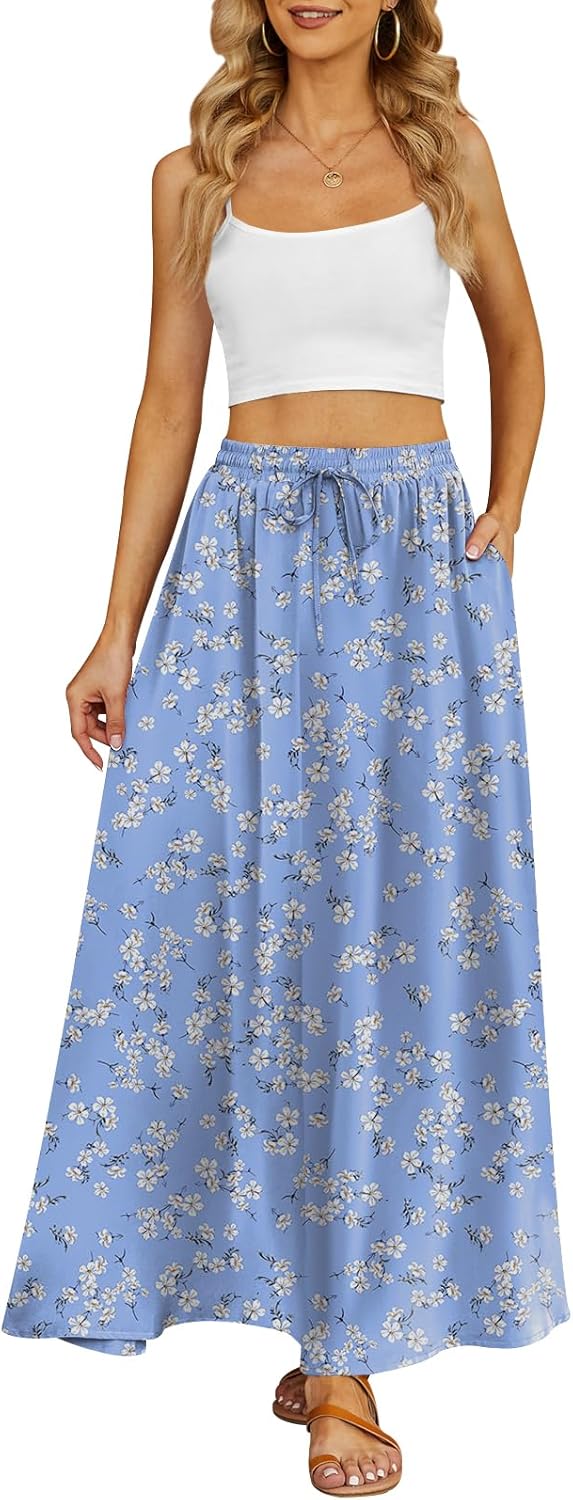 Women's Flowy Maxi Skirt Summer Beach Pleated High Waisted Casual Long Skirts with Pockets